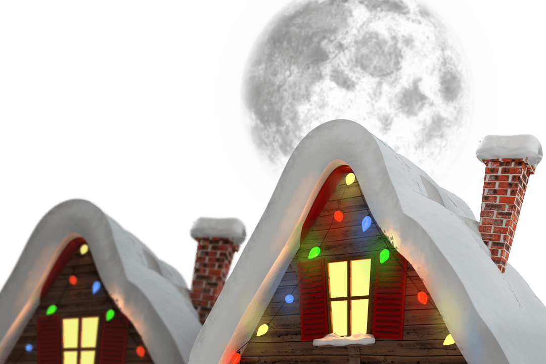 Christmas Cottage with Colorful Lights and Full Moon Hale