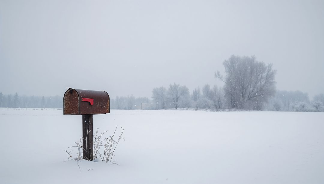 Rusty Mailbox Standing in Snow-Covered Rural Field with Red Flag, Minimal Winter Solitude