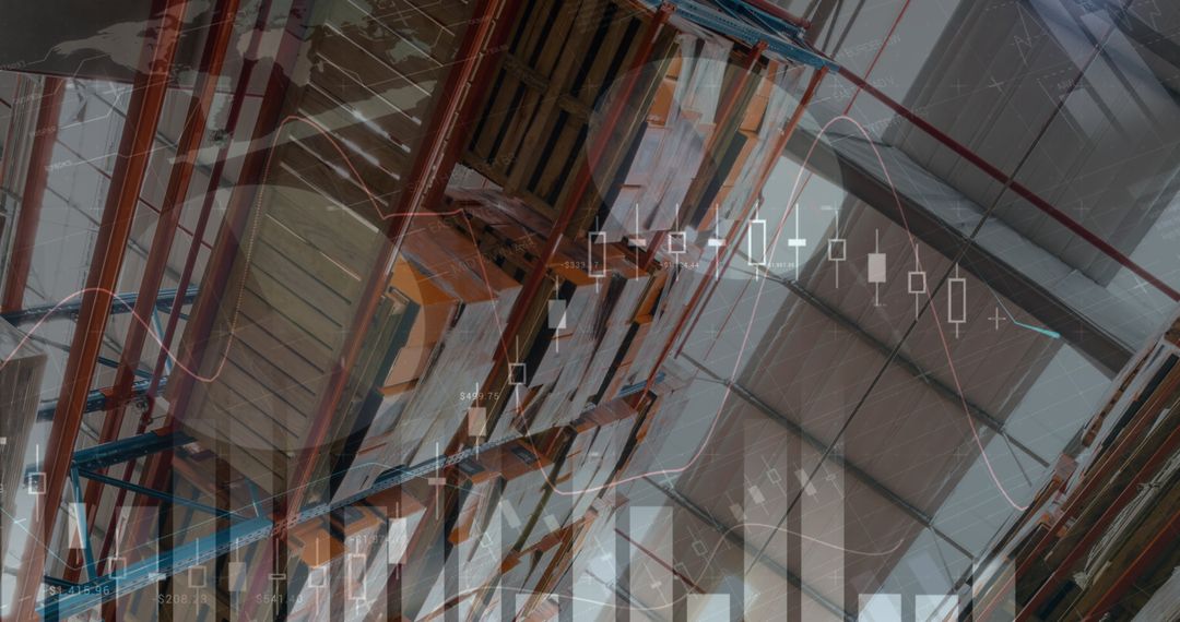 Financial Data Overlay on Empty Warehouse Interior
