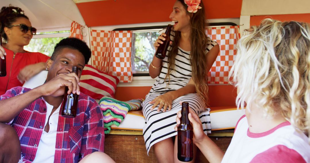 Group of Friends Having Fun Inside a Retro Camper Van - Free Images, Stock Photos and Pictures on Pikwizard.com