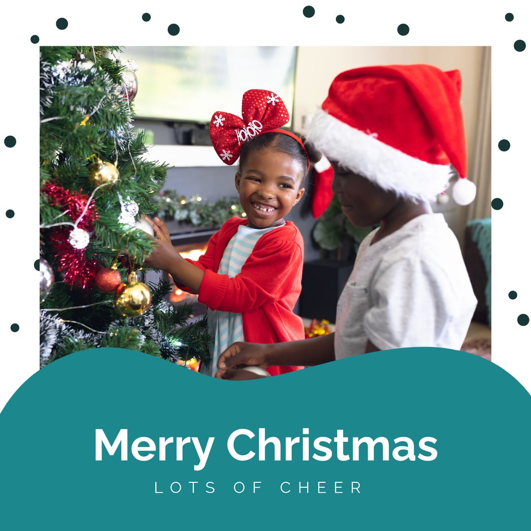 Joyful Siblings Decorating Christmas Tree Together at Home