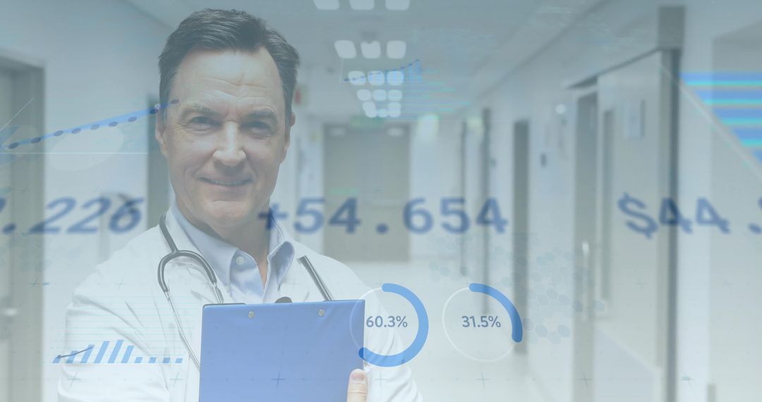 Doctor Analyzing Data with Futuristic Infographics in Hospital Corridor