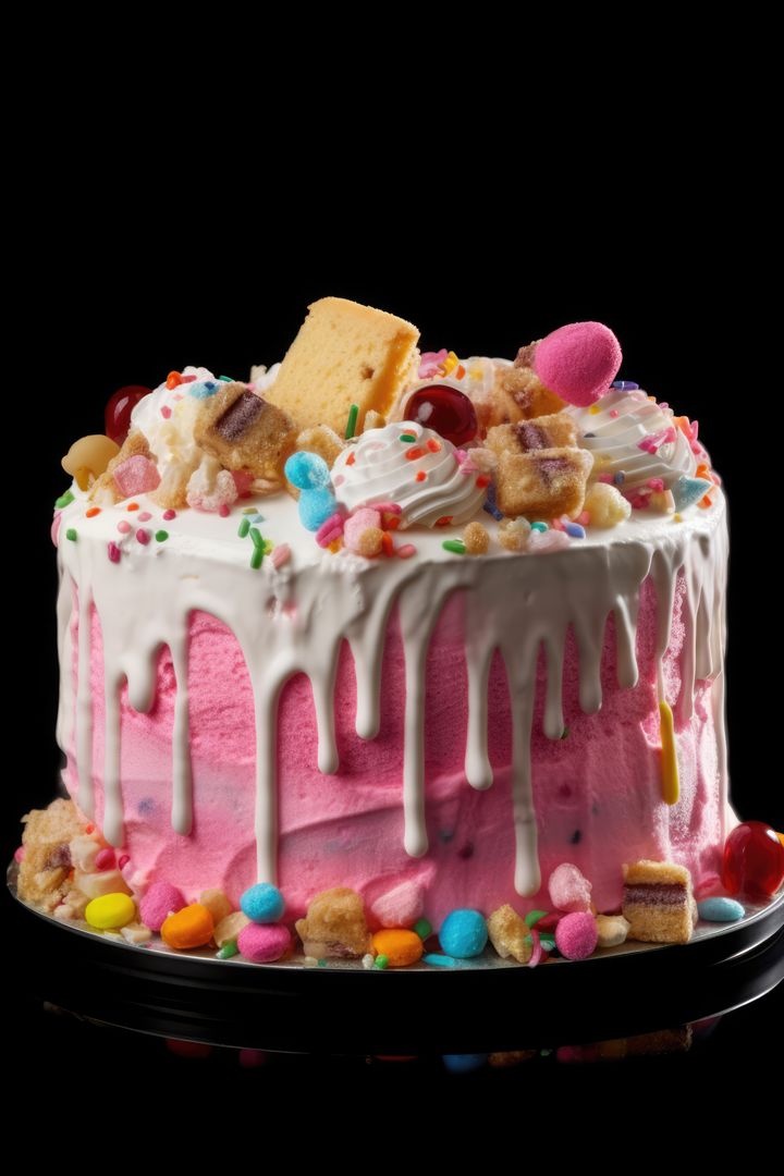Pink ice cream cake with white icing and sweets on top, created using generative ai technology - Free Images, Stock Photos and Pictures on Pikwizard.com