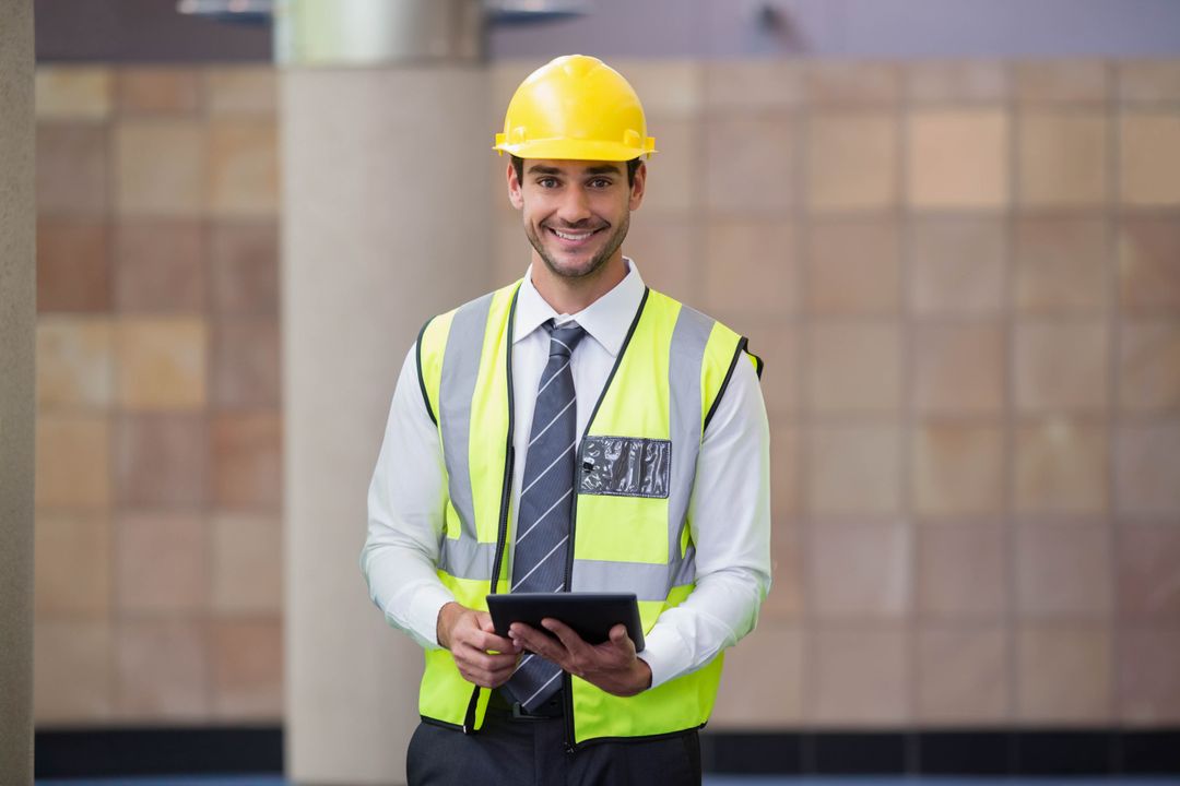 Male Construction Professional with Tablet in Modern Building Lobby