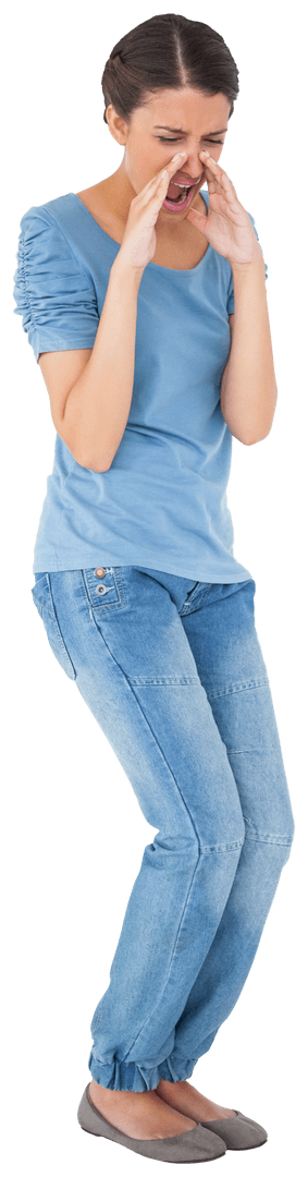 Scared Young Woman Shouting on Transparent Background