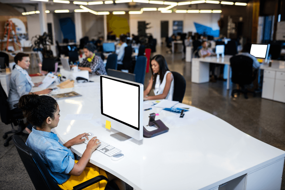Transparent Office Workspace with Diverse Colleagues Collaborating