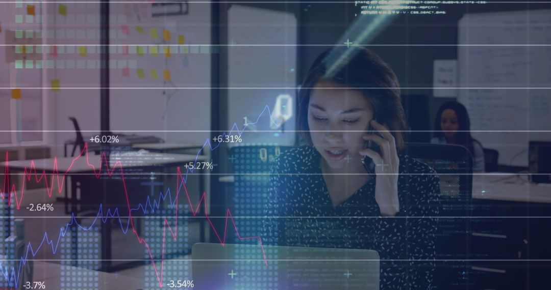 Businesswoman Using Smartphone with Financial Data Overlay