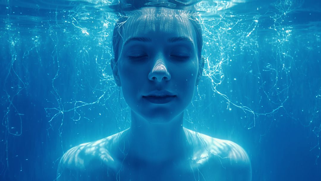 Underwater serenity floating woman with closed eyes, shimmering caustics and bubbles