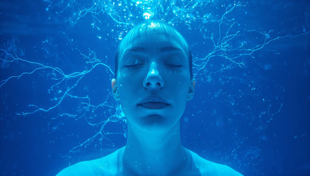 Serene woman floating underwater with closed eyes and ethereal hair filaments in blue
