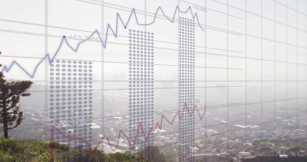 Financial Data Processing Overlaying Cityscape