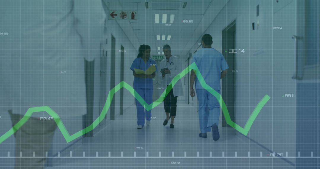 Medical Team Analyzing Data in Hospital Corridor with Graph Overlay