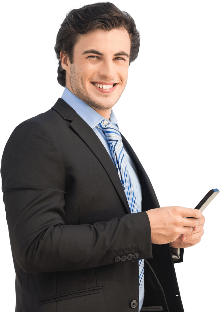 Smiling Caucasian Businessman Using Smartphone on Transparent Background