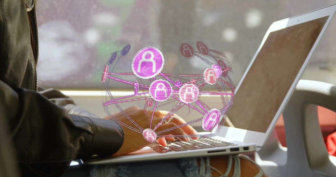 Commuter typing laptop on train with holographic social network overlay connecting users