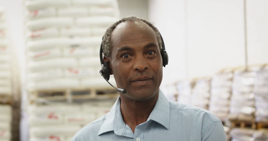 Warehouse Worker Smiling Wearing Headset - Free Images, Stock Photos and Pictures on Pikwizard.com