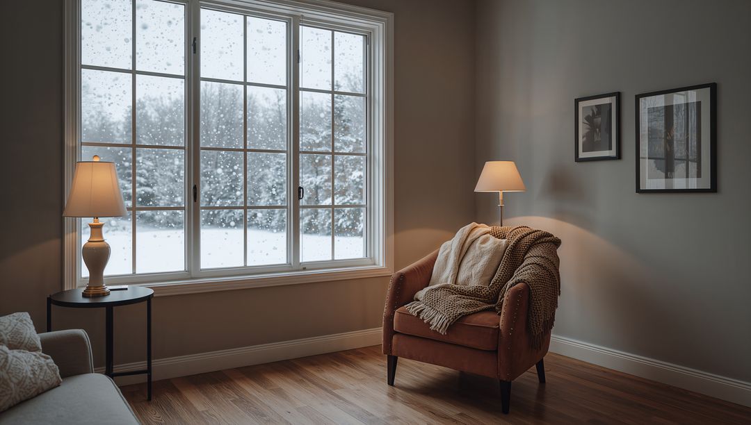 Cozy living room corner with rust armchair draped in chunky throw and snowy window
