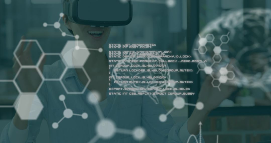 Woman with VR Headset Exploring Medical Data Innovations