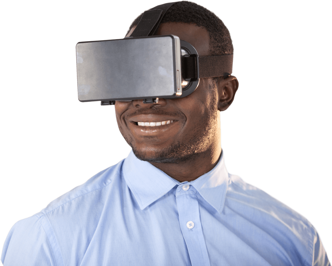 Smiling Man Wearing Virtual Reality Headset Against Transparent Background