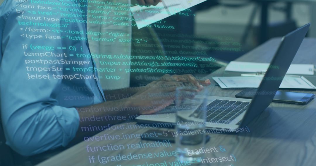 Business Team Collaborating Digitally with Coding Overlay