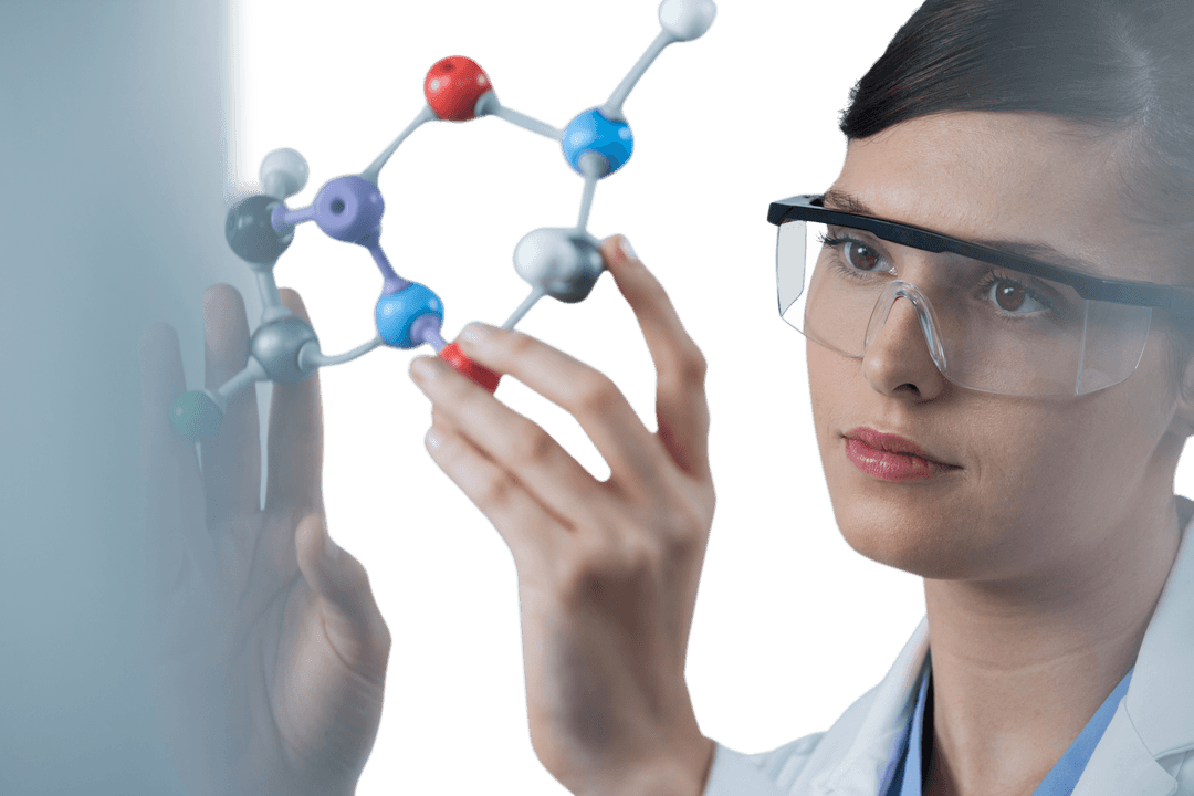 Female Scientist Examining Transparent Molecular Model Close-Up