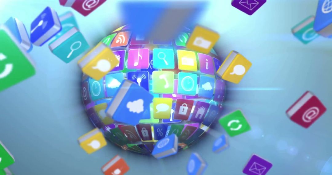 Glowing Globe of Media Icons with Digital Energy Trails