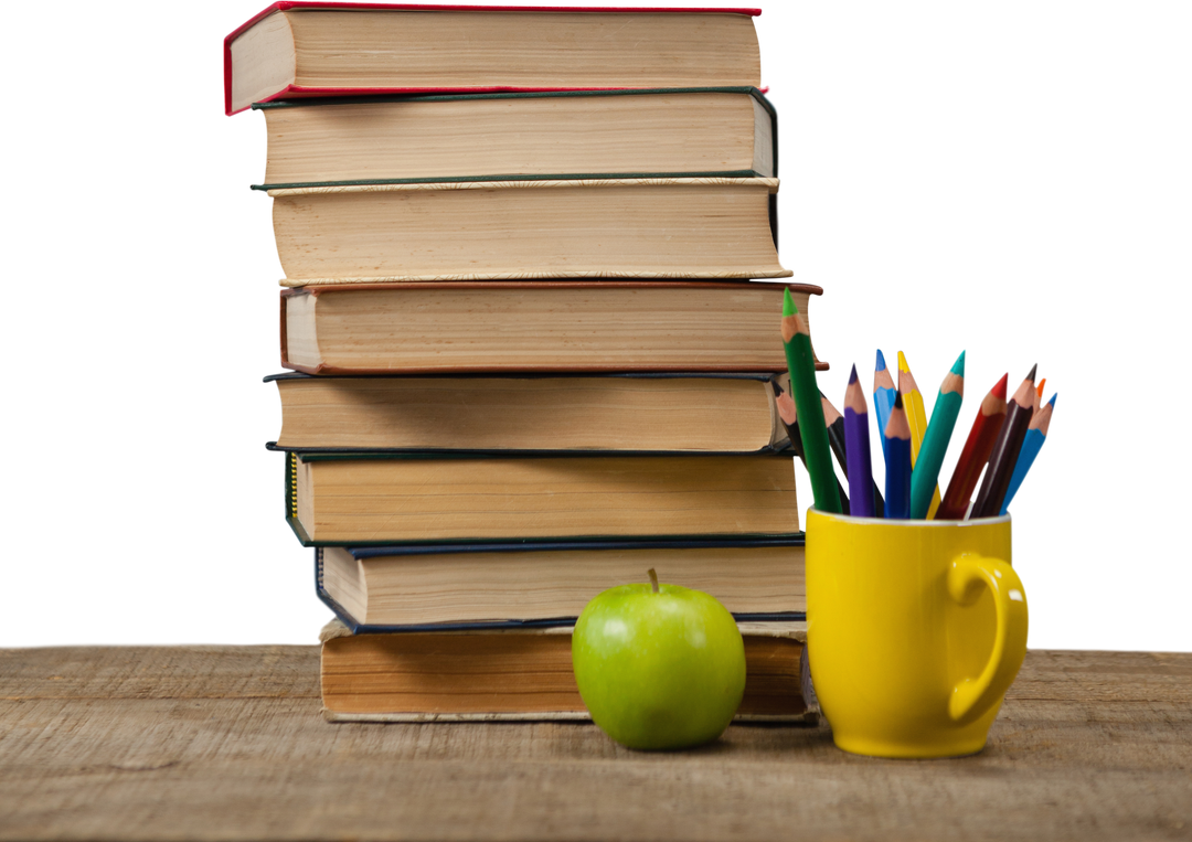 Transparent Stack of Books with Colored Pencils and Apple on Wooden Table - Download Free Stock Images Pikwizard.com