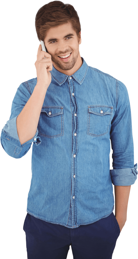 Transparent Happy Man in Denim on Phone