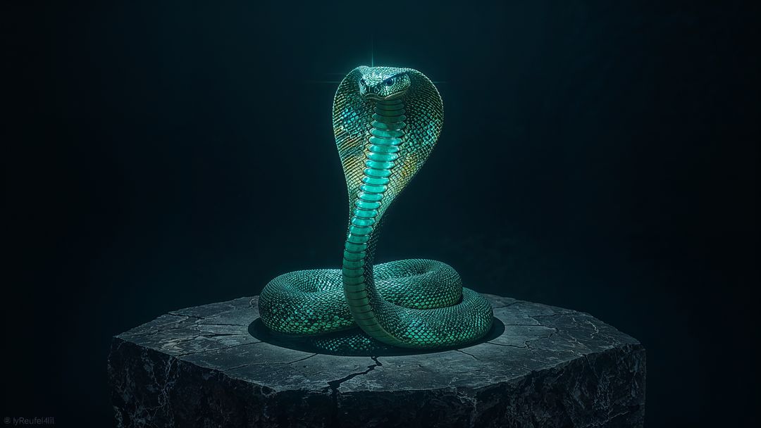 Emerald king cobra raises hood on stone pedestal in mystical chamber