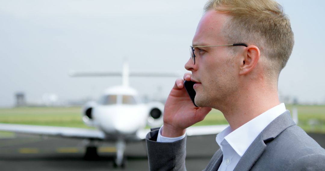Businessman Coordinating Travel in Airport Setting with Private Jet