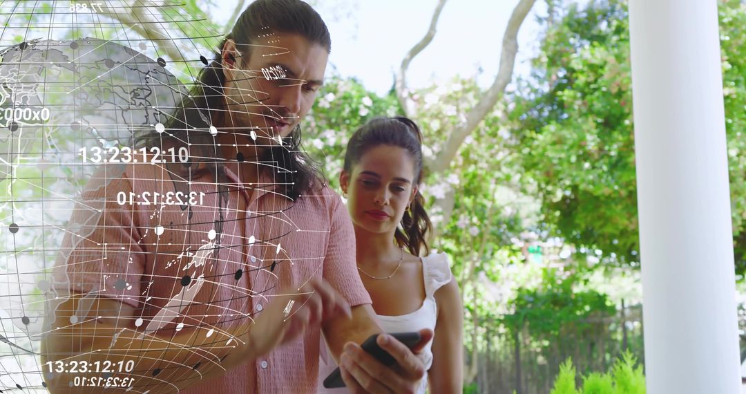 Couple sharing smartphone on porch with futuristic digital globe overlay, tech lifestyle