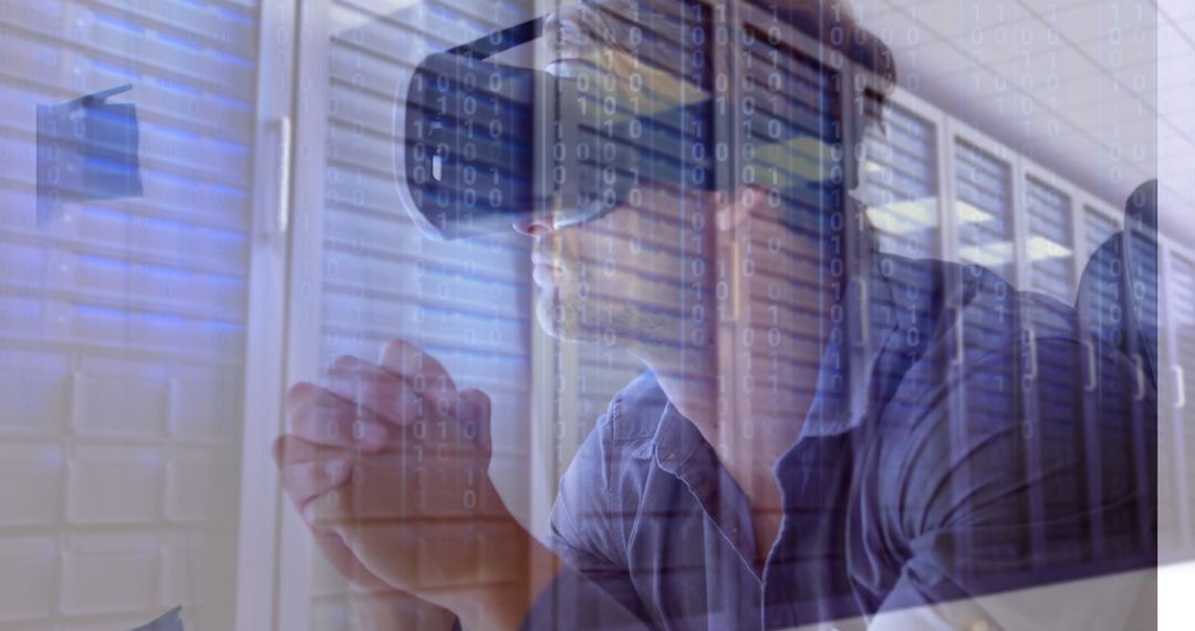 Businessman in Virtual Reality Interface with Binary Data in Server Room - Free Images, Stock Photos and Pictures on Pikwizard.com