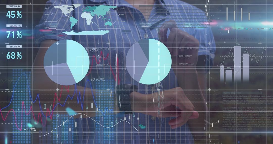 Woman Interacting with Digital Analytics and Smartwatch Interface