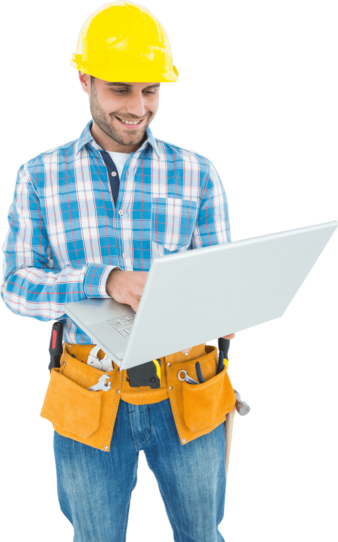 Transparent Smiling Construction Worker Using Laptop for Blueprints