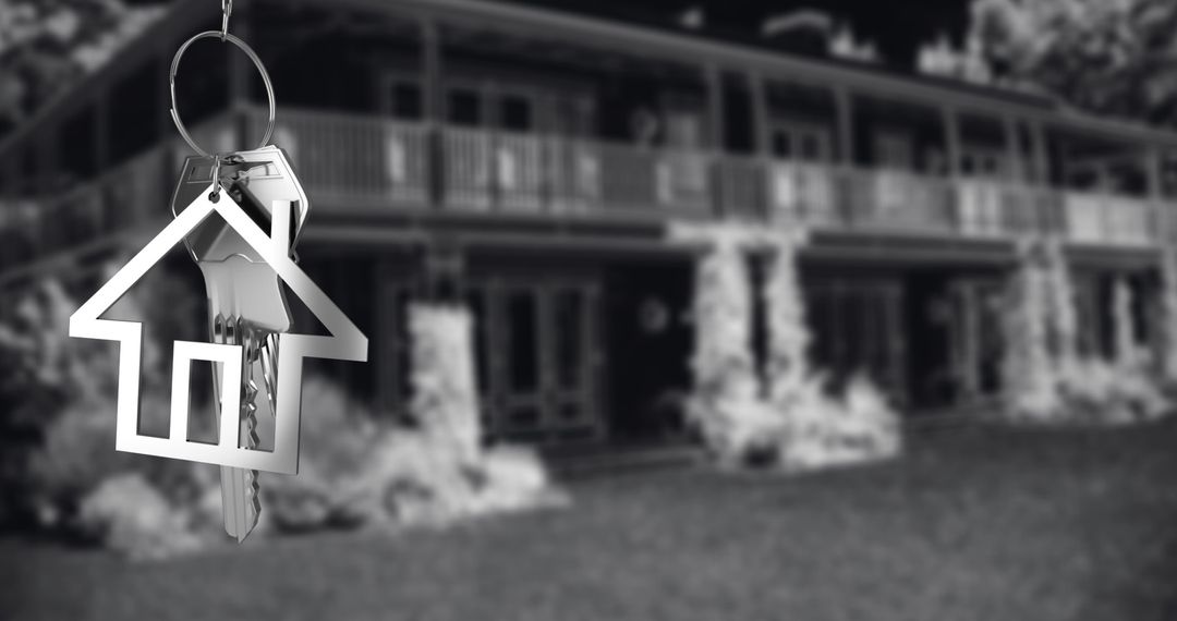 Silver house key with blurred dream home background