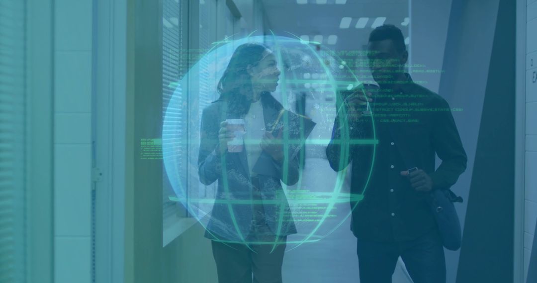 Colleagues Walking with Holographic Code Display