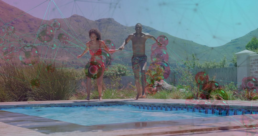 Energetic Couple Jumping into Pool on Sunny Day