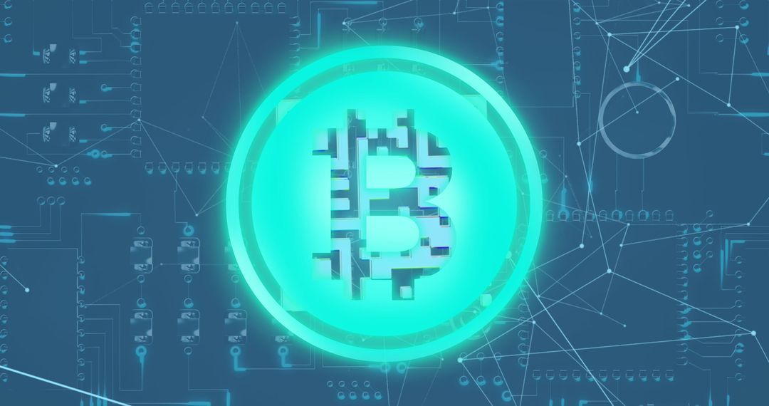 Glowing Bitcoin Symbol on Digital Circuit Currency Network