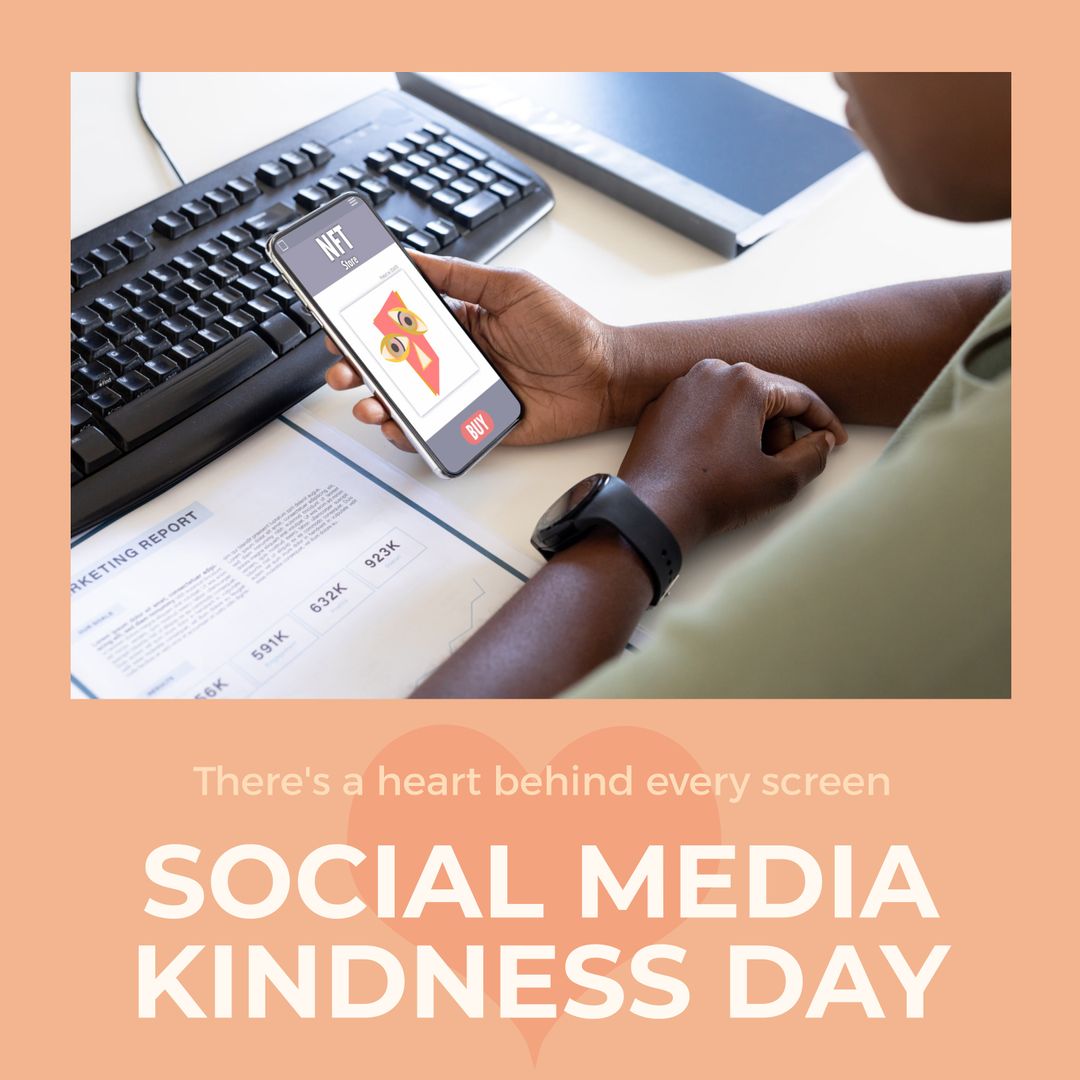 Woman Exploring NFTs on Smartphone for Social Media Kindness Day
