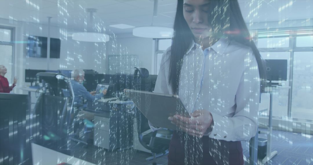 Businesswoman Engaging with Digital Technology and Virtual Data Interface