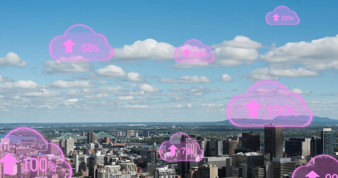 Digital Cloud Data Innovatively Rising Over Modern Cityscape