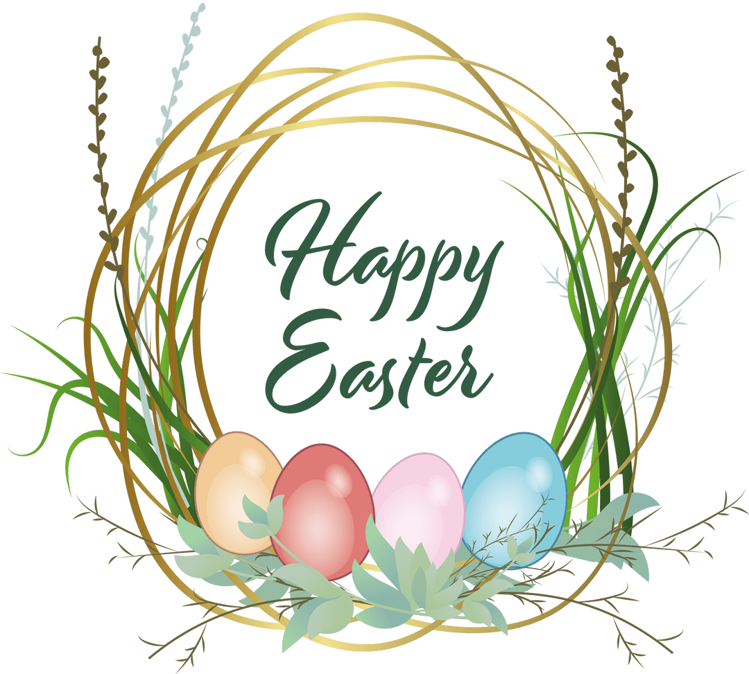 Happy Easter Growing Wreath and Colorful Eggs on Transparent Background