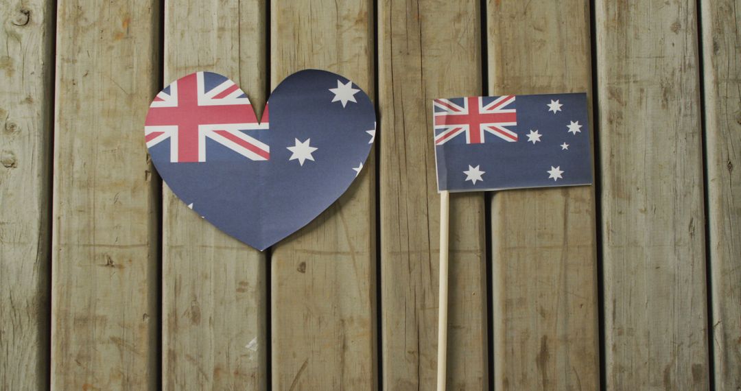 Image of flags of australia in shape of heart and rectangle on wooden background - Free Images, Stock Photos and Pictures on Pikwizard.com