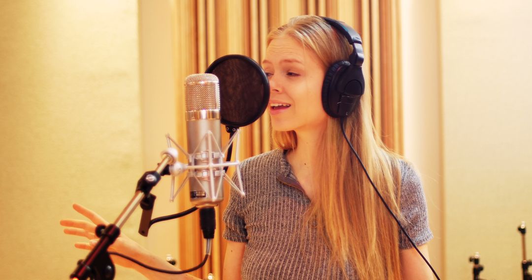 Beautiful woman singing in recording studio - Free Images, Stock Photos and Pictures on Pikwizard.com