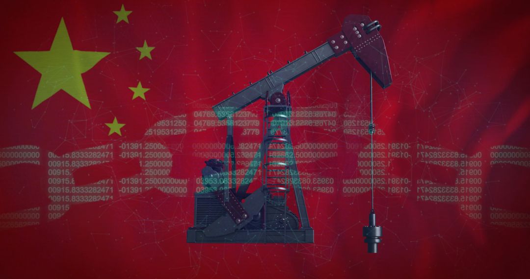 Oil Rig and Binary Code Overlay on Chinese Flag Illustrating Data and Energy Fusion