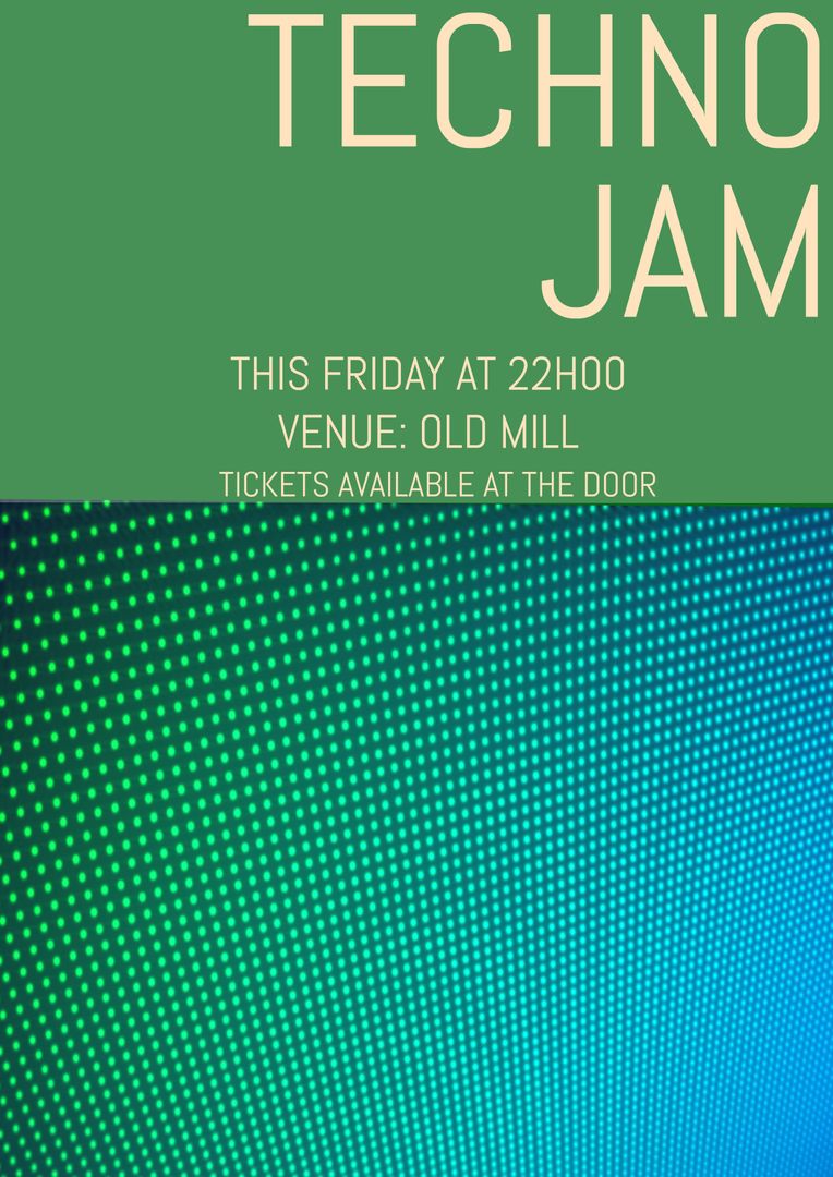 Techno Jam Announcement Poster with Green and Blue Digital Dots Background - Download Free Stock Templates Pikwizard.com