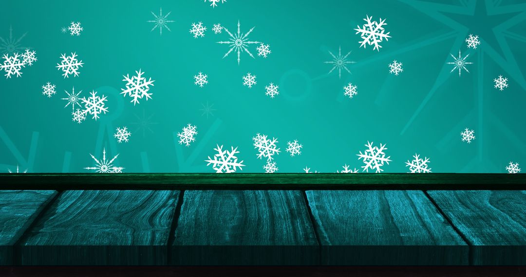 Falling Snowflakes on Blue Background with Wooden Floor