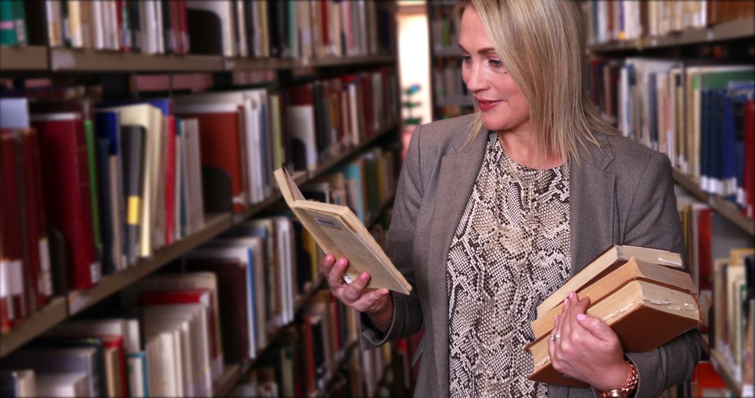 Blonde Woman Reading Book In Library Holding Stack Of Books - Free Images, Stock Photos and Pictures on Pikwizard.com