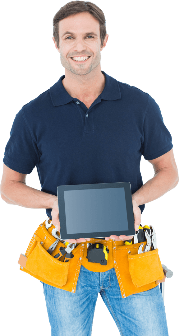 Happy Carpenter Holding Digital Tablet with Transparent Screen