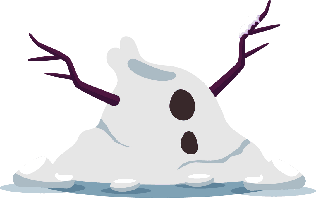 Melted Snowman with Coal and Twig Arms on Transparent Background