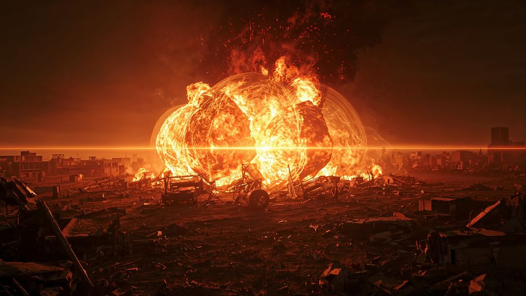 Apocalyptic airstrikes firestorm over desolate cityscape at dusk