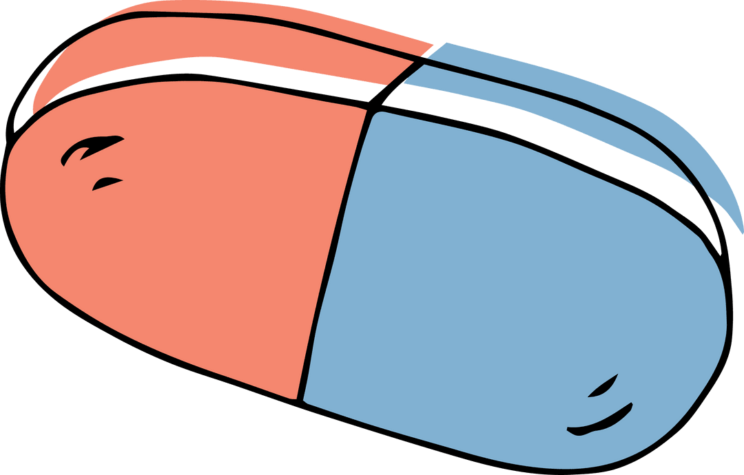 Oversized Transparent Capsule Cartoon in Blue and Orange Halves
